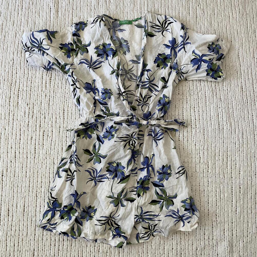 United Colours of Benetton Women's Blue Floral Linen Romper - Size Small